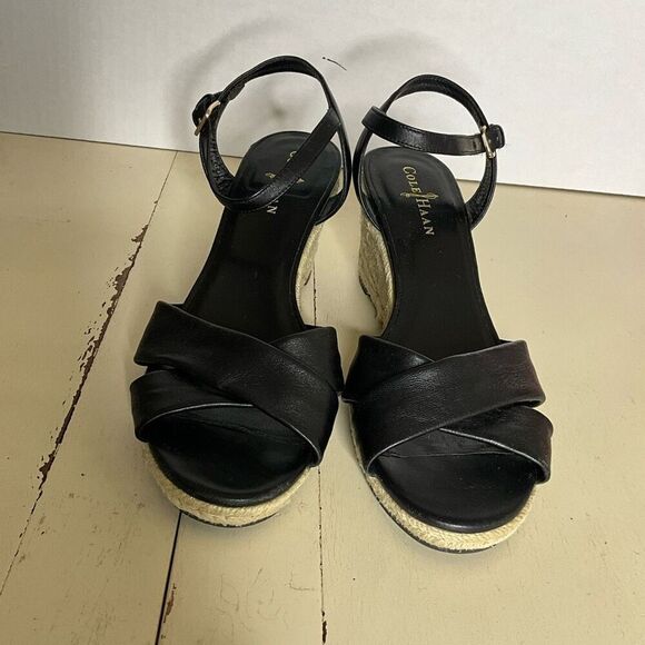 Cole Haan Espadrille Black Straps Wedge Open Toe Sandal Women’s Sz 8B - Picture 1 of 11